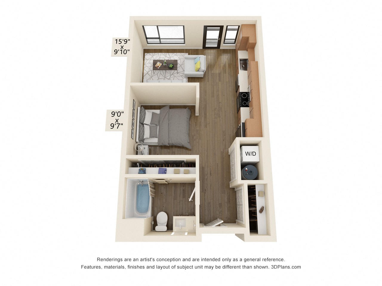 Floor plan for studio, 1 bath, 522 sqft